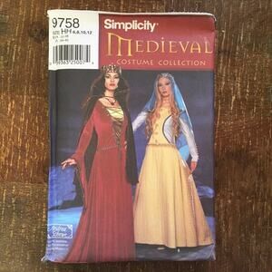 Simplicity Sewing pattern 9758 Medieval Costume Misses Dress Cape Veil 6-12 FF